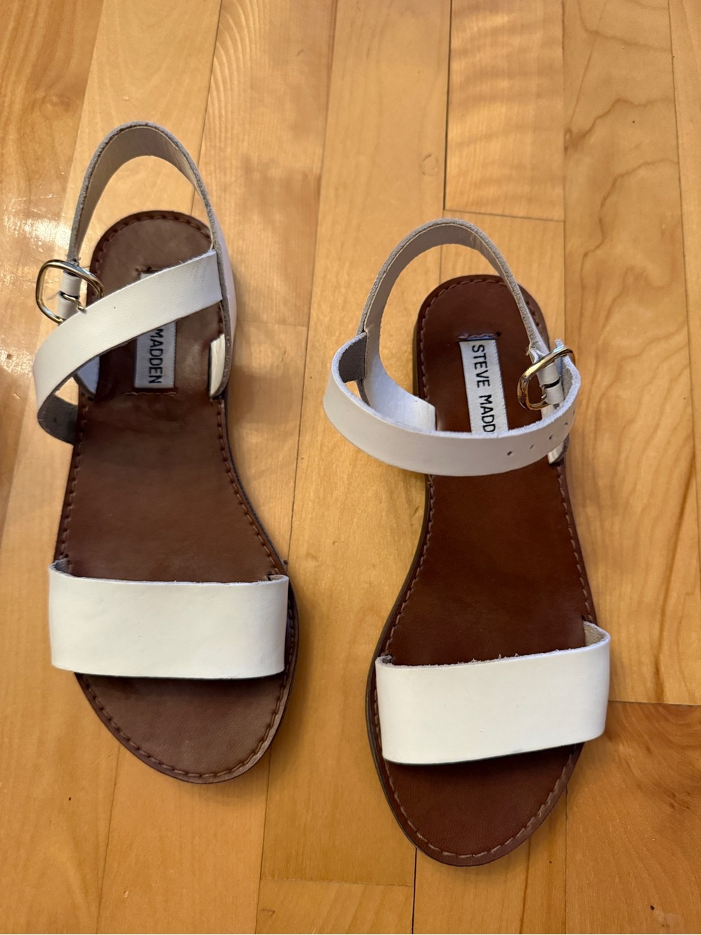 Steve Madden White Leather Two-Strap Ankle Buckle Sandals